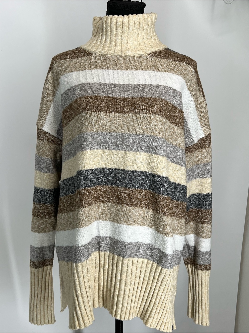 Eddie Bauer Neutral Stripe Turtleneck Sweater - Cream & Brown